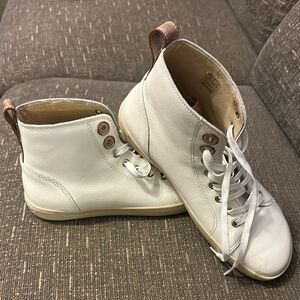 White High-Top Birkenstock Sneakers with Brown Accents